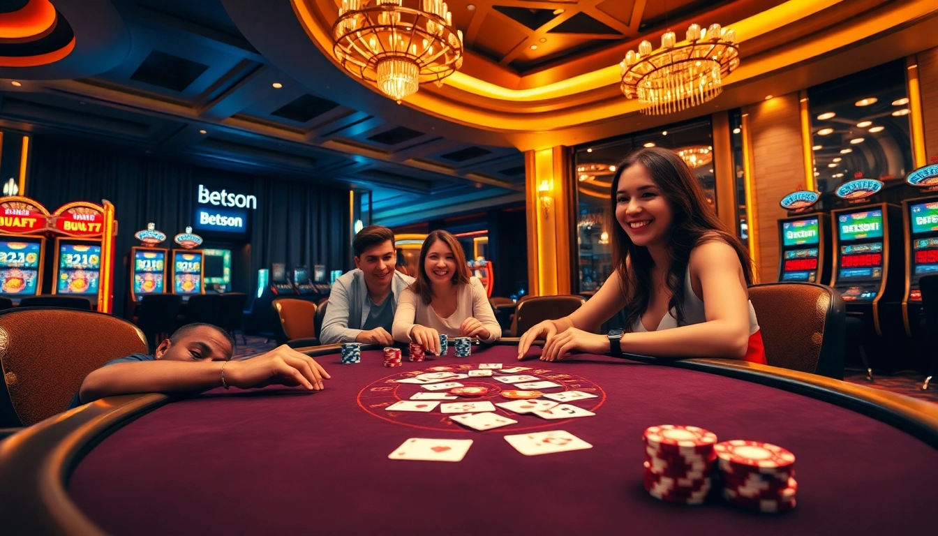 Excited players enjoy a luxurious poker game at Betsson's upscale casino.