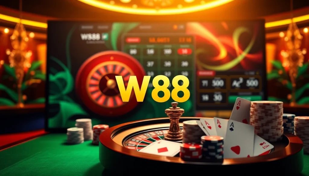 Experience thrilling action with link w88 in a luxurious casino setup featuring poker chips and a roulette wheel.