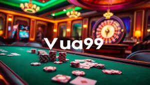 Exciting poker gaming action at Vua99's luxurious casino table with colorful chips.