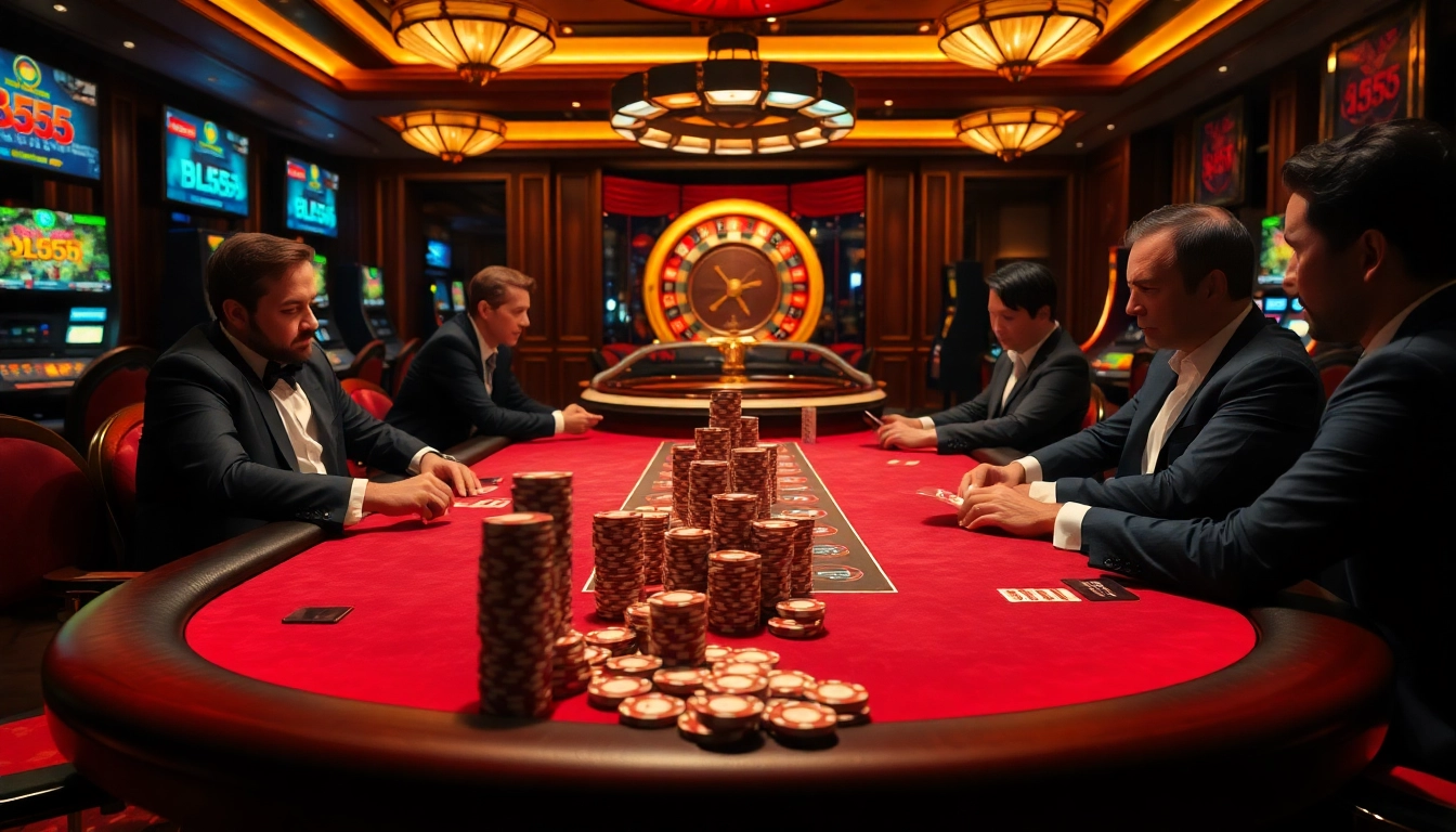 Experience the thrill of gambling at Bl555 with players engaged around a luxurious poker table.
