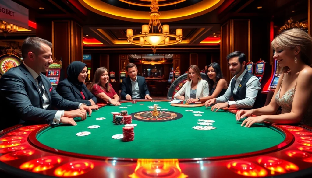 Experience the thrill of 5GBET with players engaged in vibrant poker action at a luxury casino table.