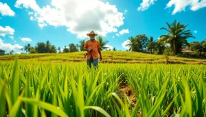 Petani toto bekerja di sawah hijau, menggambarkan kehidupan pertanian tradisional Indonesia