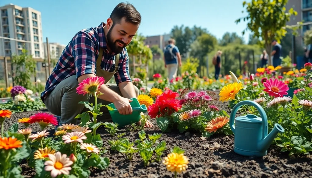 Gardening enthusiast nurturing vibrant plants in a community garden.