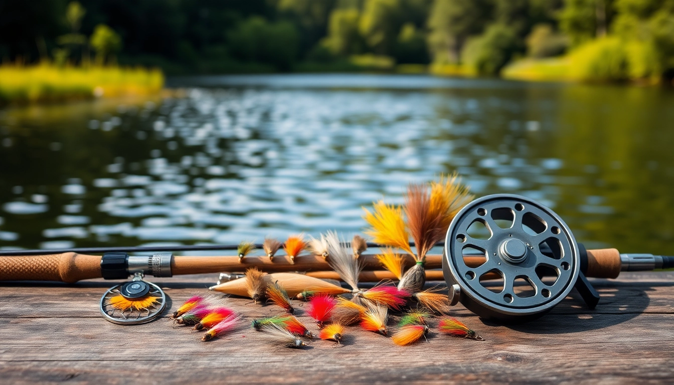 Explore the features of a Fly fishing kit displayed by a tranquil lake.