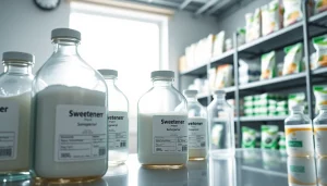 Utilizando adoçante industrial em um ambiente profissional e moderno.