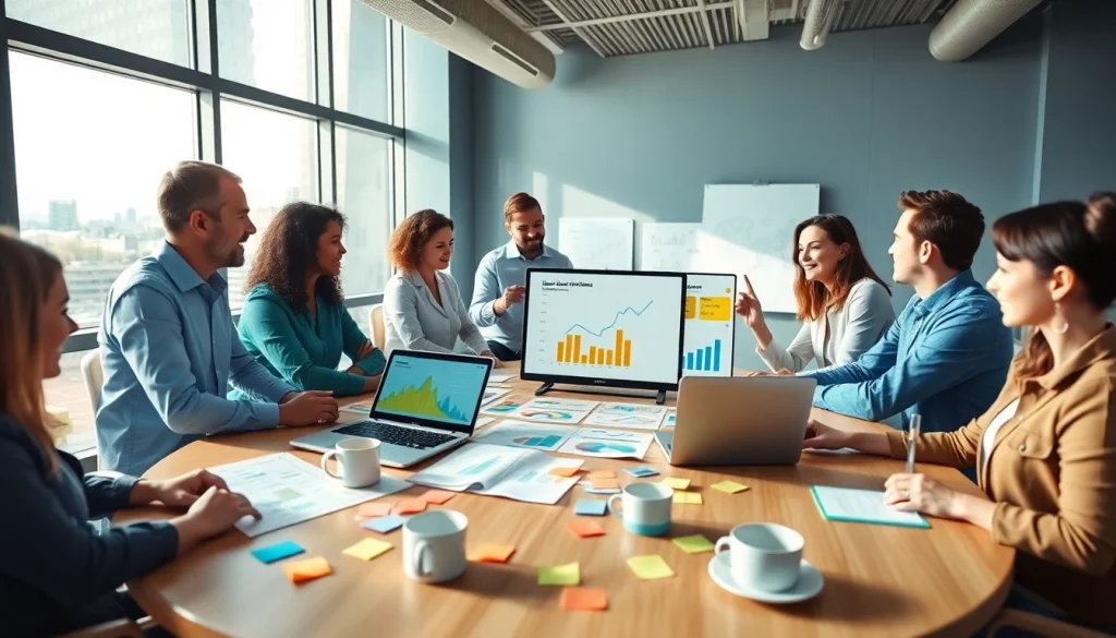 Business professionals collaborating in a vibrant conference room with colorful analytics.
