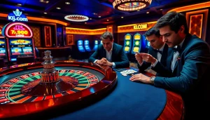 Players engaging in high-stakes poker and roulette at KJC.COM's luxurious casino.