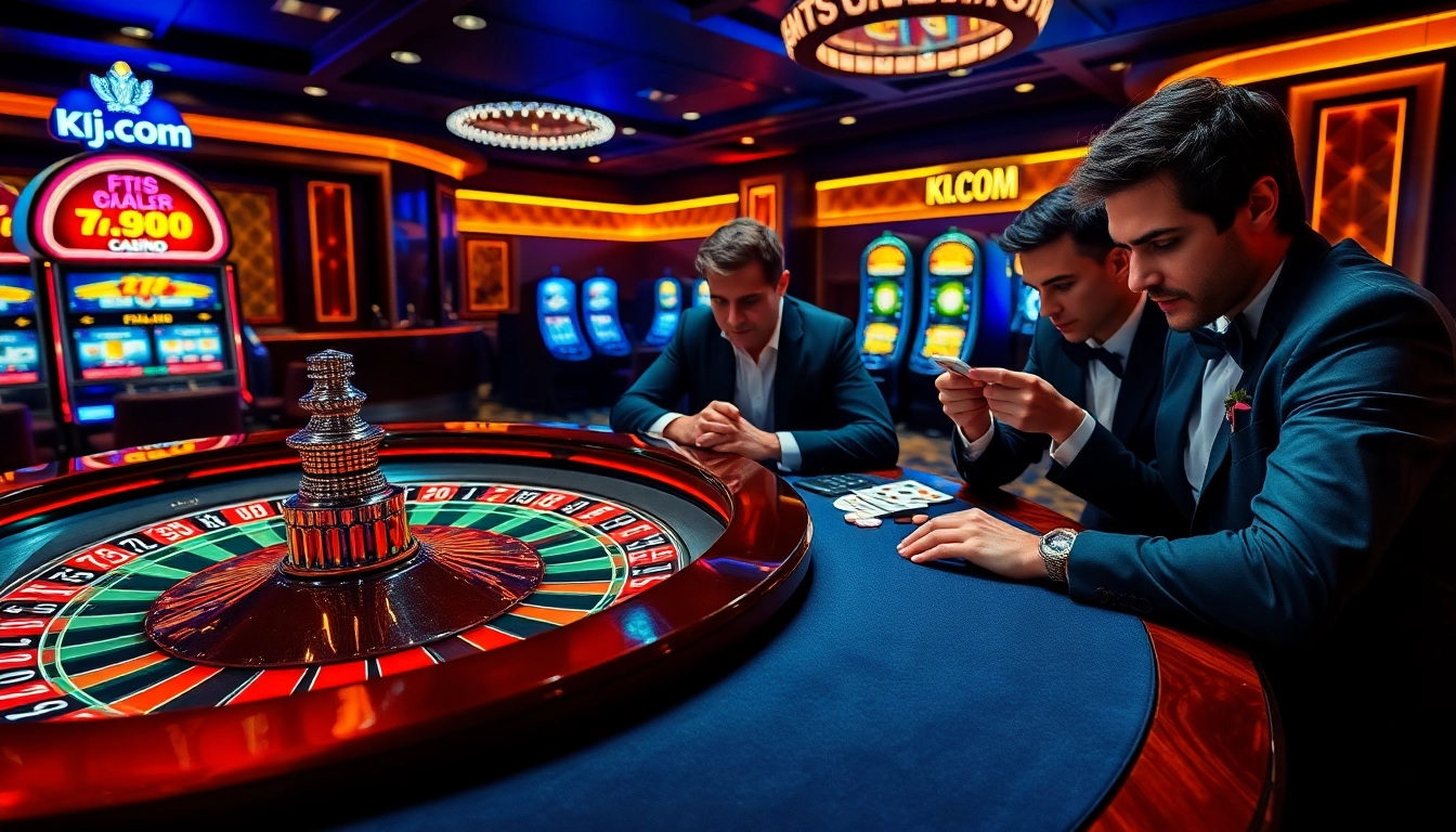 Players engaging in high-stakes poker and roulette at KJC.COM's luxurious casino.