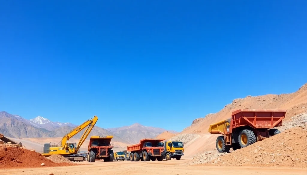 Mining operations with heavy machinery extracting natural resources in a rugged landscape.