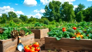 Gardening scene showcasing colorful vegetables in a vibrant raised bed garden, emphasizing growth and vitality.