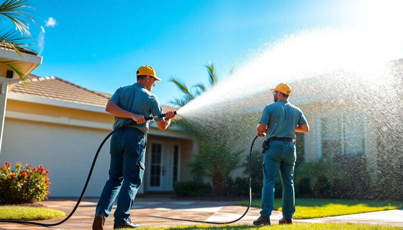 Professional pressure wash team revitalizing a home exterior in Kissimmee, FL
