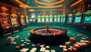 S8-themed casino atmosphere with players engaging at a roulette table and vibrant slot machines.
