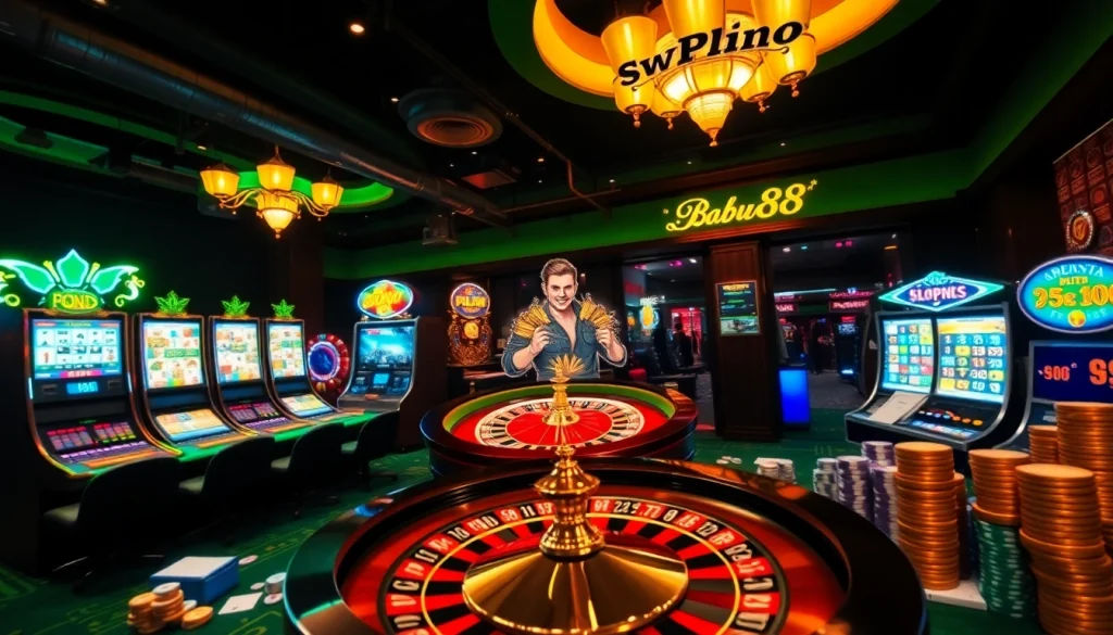Babu88 players enjoying a vibrant casino atmosphere filled with roulette, slots, and poker.