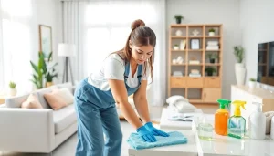 Cleaning service professional organizing a living room while ensuring a pristine environment.
