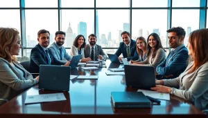 Business meeting featuring diverse professionals collaborating in a modern office.