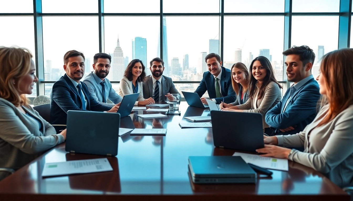 Business meeting featuring diverse professionals collaborating in a modern office.