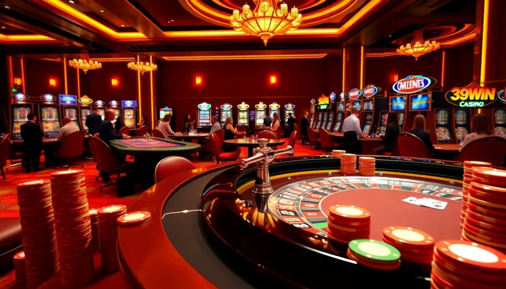 A dynamic casino scene at 389WIN showcasing roulette, poker, and vibrant slot machines.
