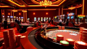 A dynamic casino scene at 389WIN showcasing roulette, poker, and vibrant slot machines.