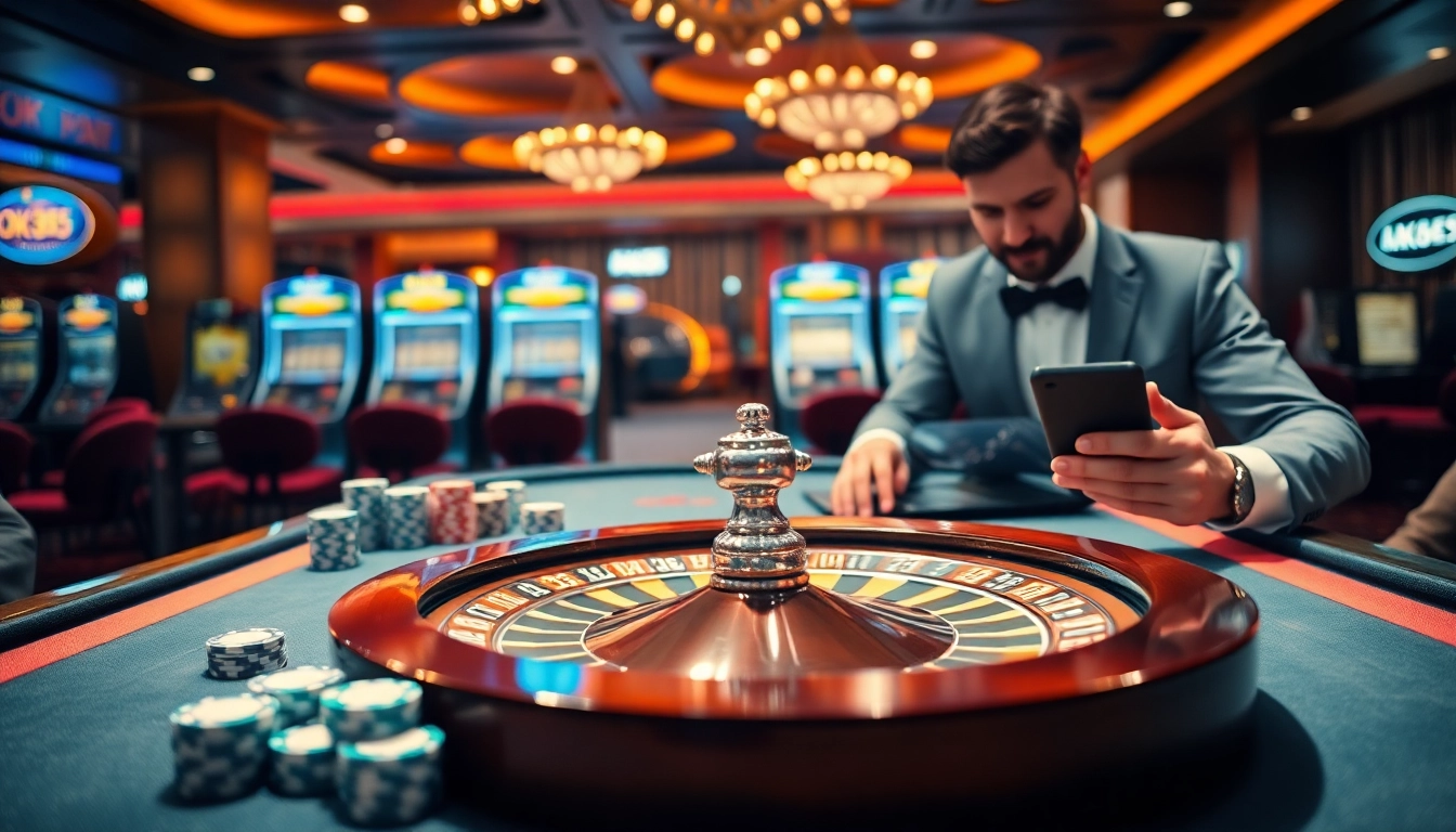 Experience the excitement of gambling at OK365 Trang chủ with a vibrant casino scene filled with poker chips and roulette wheels.