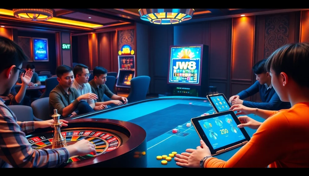 Players enjoying entertaining games with jw8 เครดิตฟรี promotion displayed prominently in a luxurious casino environment.