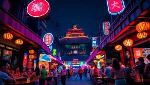 Experience 베트남밤문화 in vibrant nightlife with colorful bars and lively streets.
