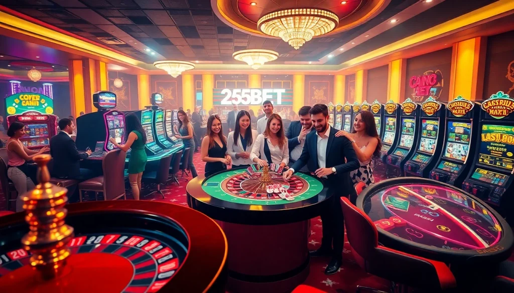 Players enjoying the vibrant gaming experience at 255BET's online casino, featuring roulette wheels and poker tables.