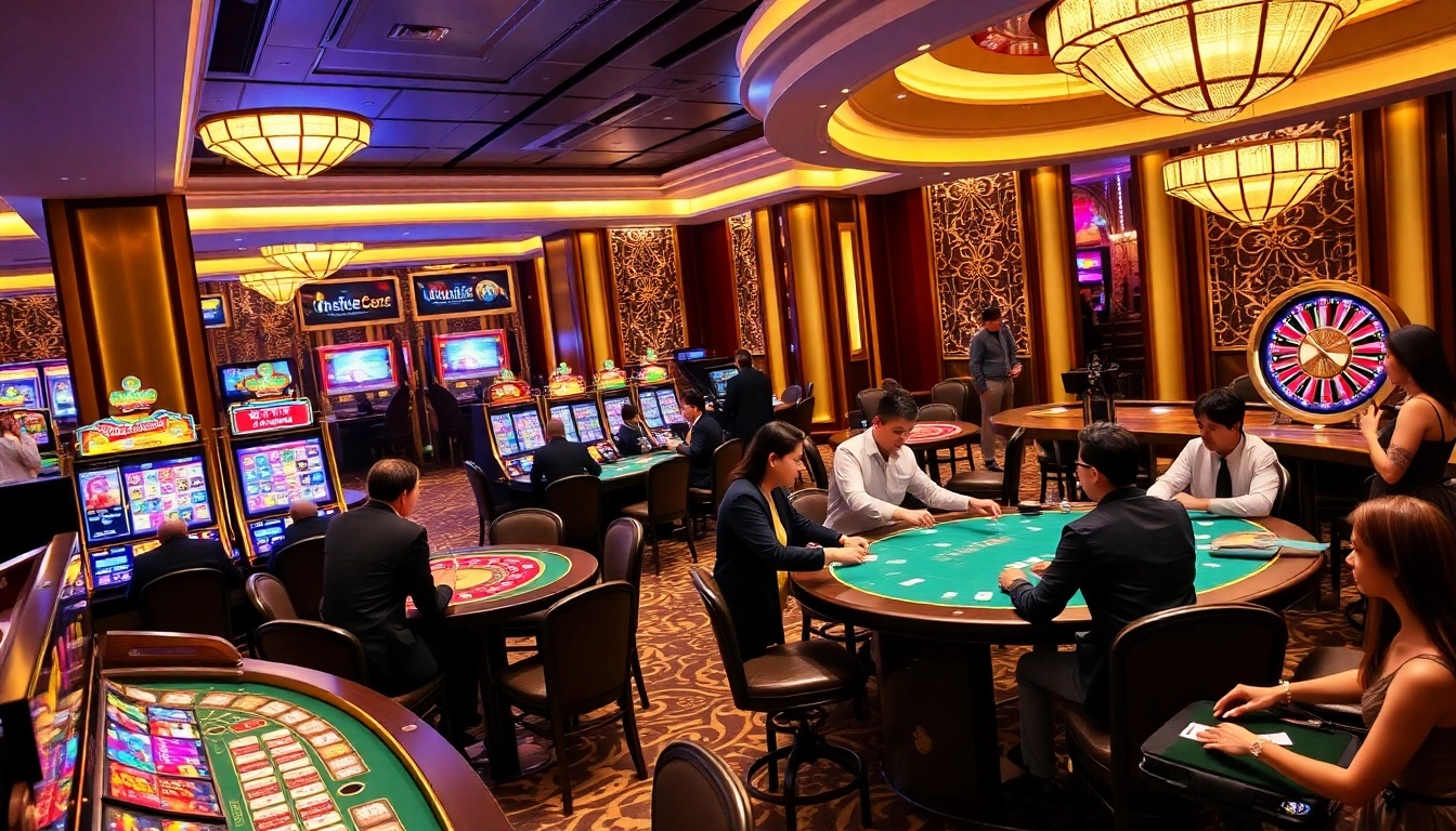Engaged gamblers enjoying games at OK365 Trang chủ casino with vibrant slot machines and poker tables.