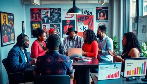 Hip hop PR agency team brainstorming in a vibrant urban office, reflecting collaboration and creativity.