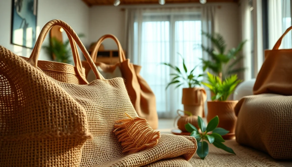 Showcasing jute stof met een focus op de textuur en producten gemaakt van jute.