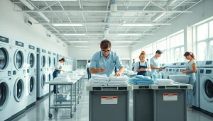 Efficient laundry service near me with staff folding clothes in a bright, organized center.