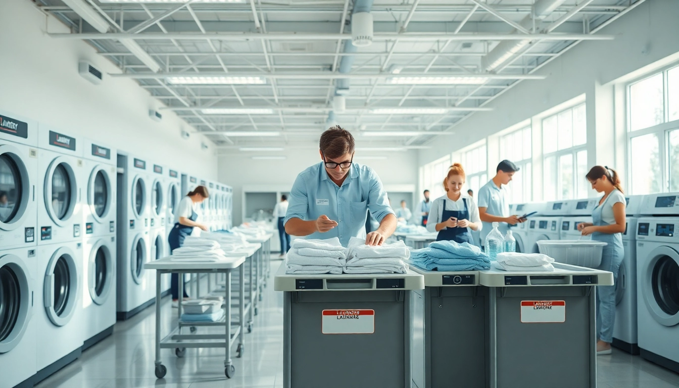 Efficient laundry service near me with staff folding clothes in a bright, organized center.