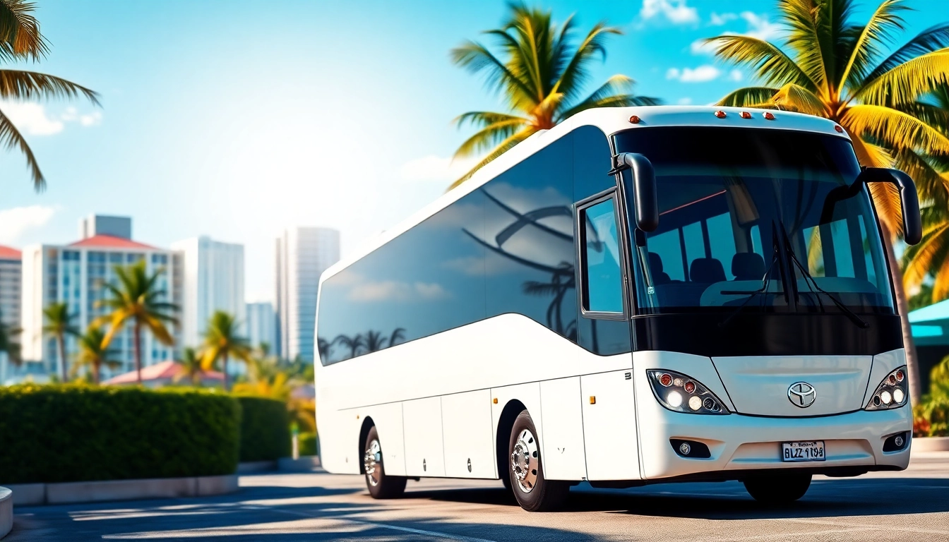 Experience seamless group travel with luxury charter buses from https://miamicharterbus.com featured against Miami's iconic skyline.