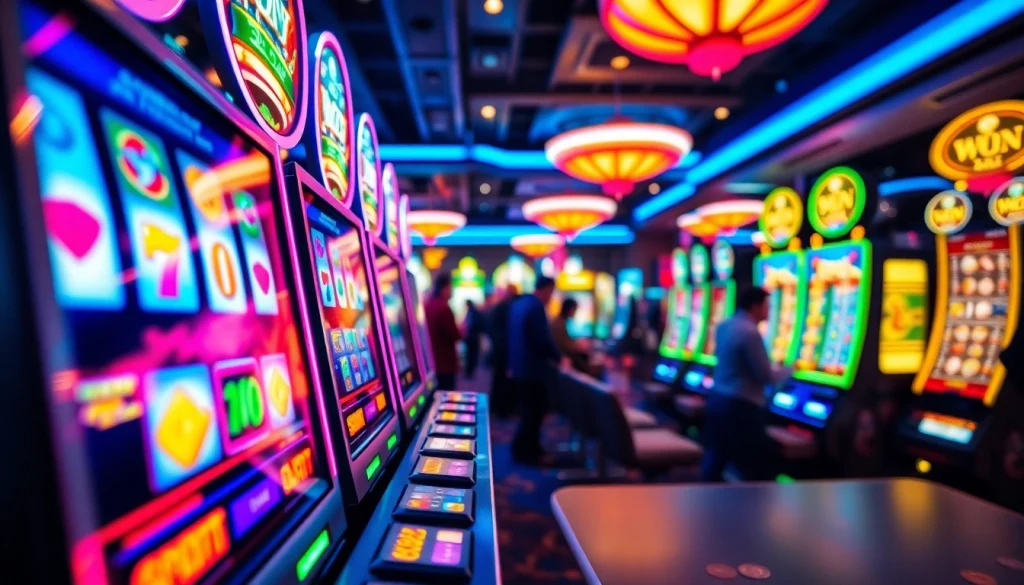 Menampilkan slot depo 5k dengan mesin slot berwarna-warni di kasino.