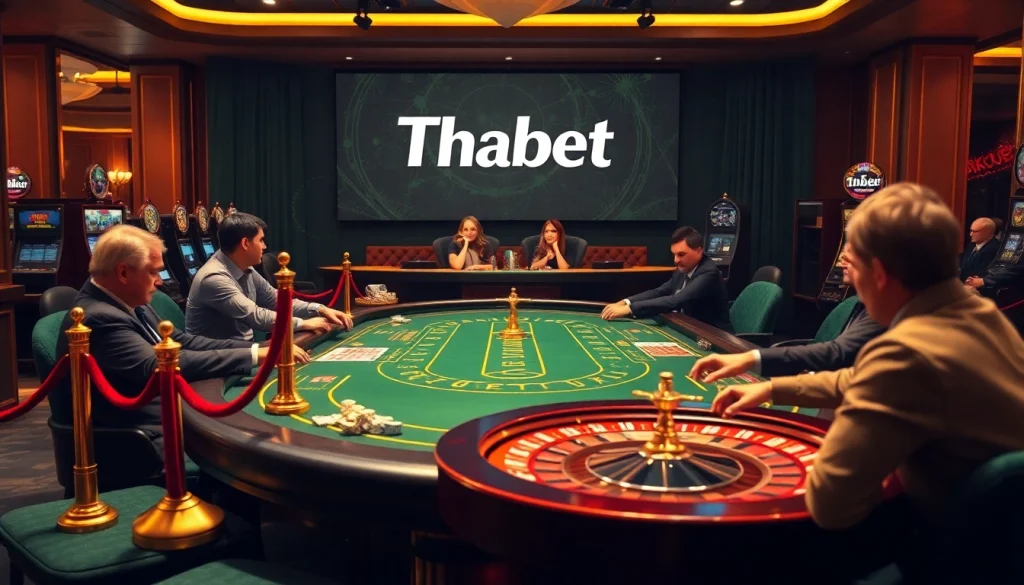 Thabet betting scene with players engaged at a luxurious casino table, emphasizing high stakes action.