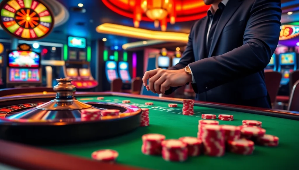 Engage in thrilling gameplay at DR88 with a luxurious casino table, vibrant chips, and a spinning roulette wheel.