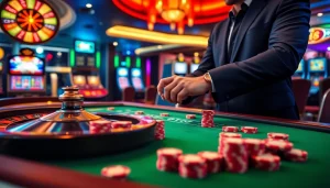 Engage in thrilling gameplay at DR88 with a luxurious casino table, vibrant chips, and a spinning roulette wheel.