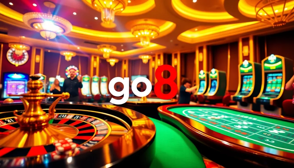 Players enjoying premier gambling experiences at Go8 casino with poker tables and roulette wheels.