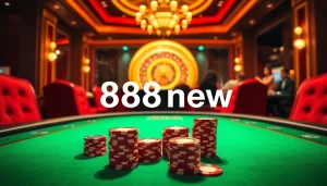 Experience the excitement of 888new at a luxurious casino where players engage at poker tables.