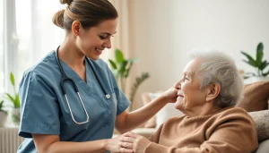 Providing in home care austin tx services, a caregiver supports an elderly individual in a cozy living room.