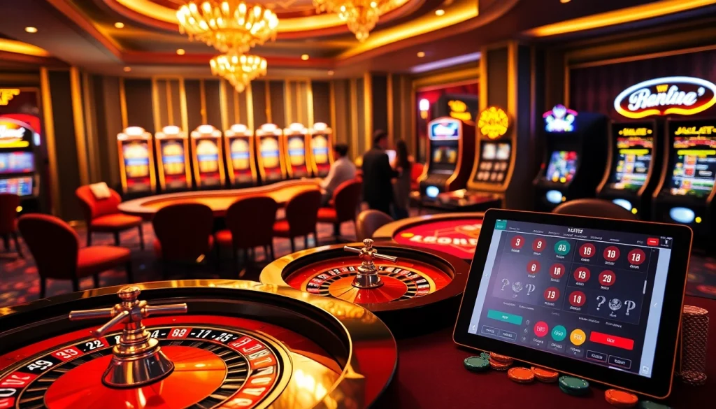 Experience thrilling live matches with ดูบอลสด 999 at this vibrant casino scene showcasing poker and roulette.