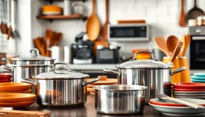 Showcase of kitchenware NZ including cookware, utensils, and appliances in a modern kitchen setup.