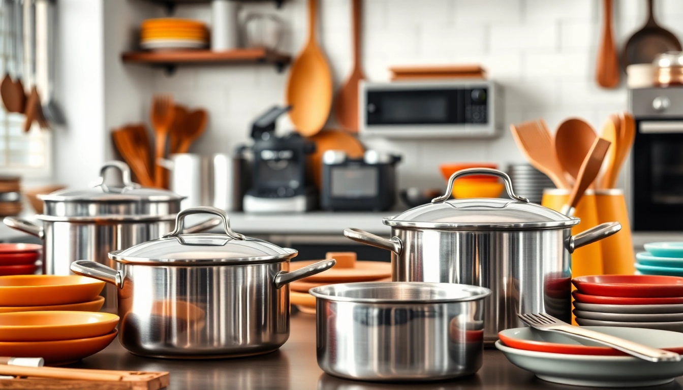 Showcase of kitchenware NZ including cookware, utensils, and appliances in a modern kitchen setup.