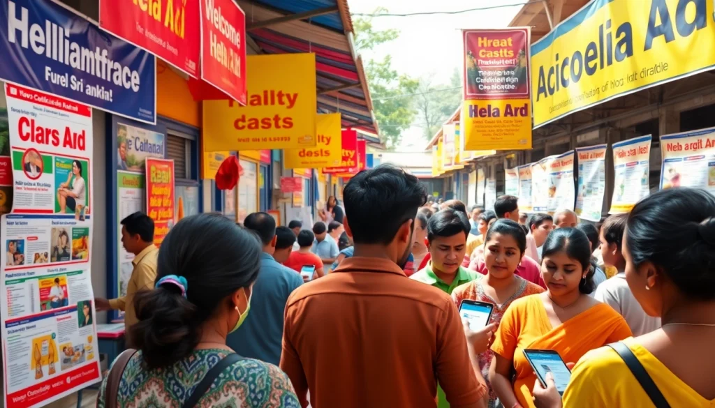 Engaging scene of Hela Ad marketplace with vibrant ads and diverse people interacting.