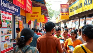 Engaging scene of Hela Ad marketplace with vibrant ads and diverse people interacting.