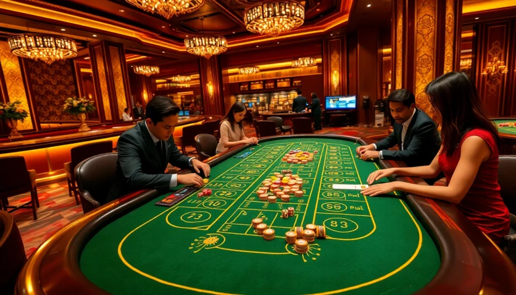 Taking bets on tài xỉu md5 with vibrant chips and excited players at a luxury casino table.