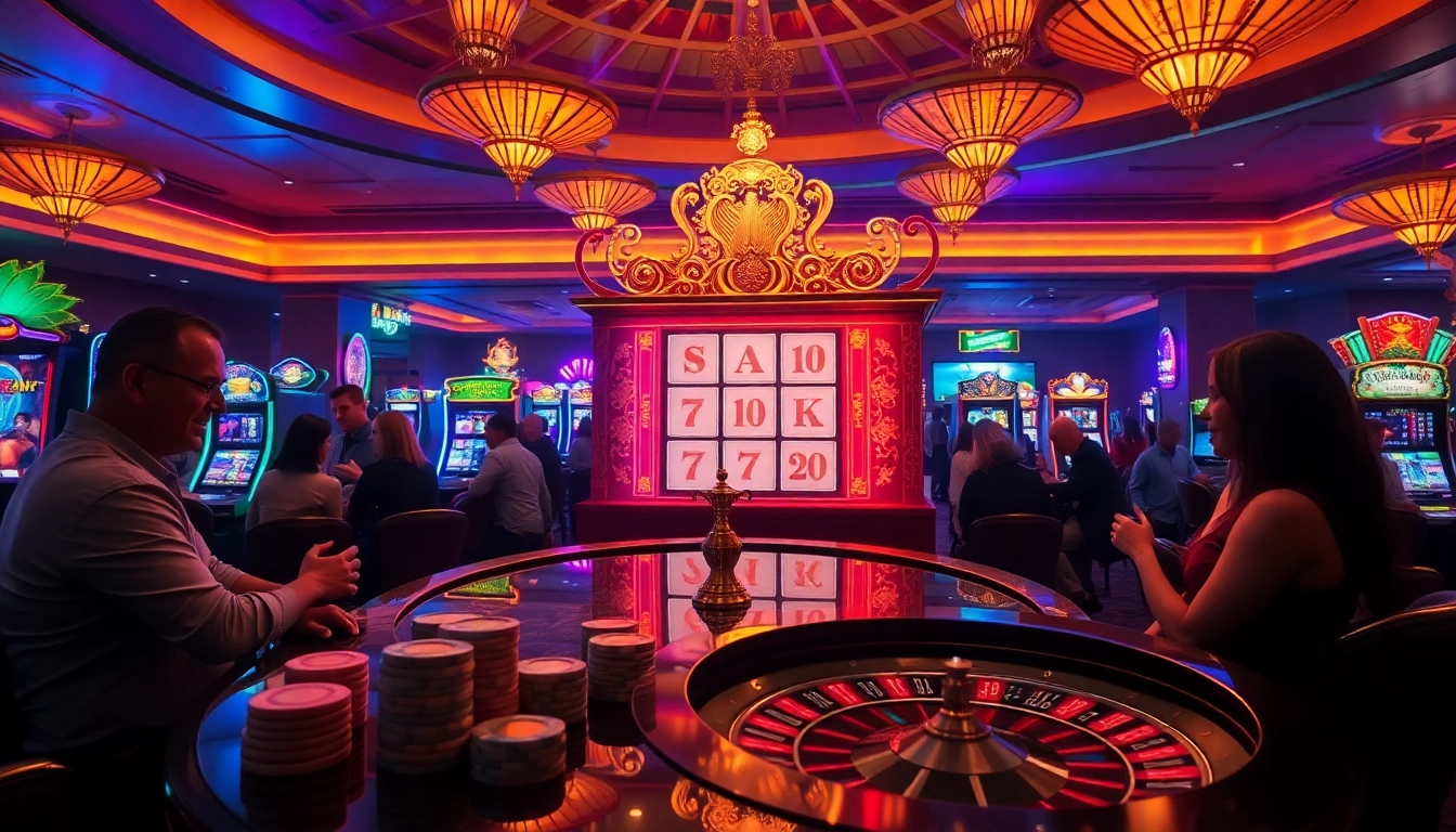 Experience excitement playing the raja barong slot in a luxurious casino setting with colorful lights.