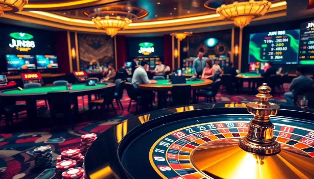 Experience thrilling gameplay at JUN 88's luxurious casino, featuring vibrant roulette and engaging players.