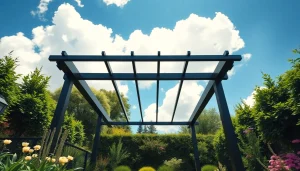 Admire a striking modern steel pergola enhancing a vibrant garden setting.