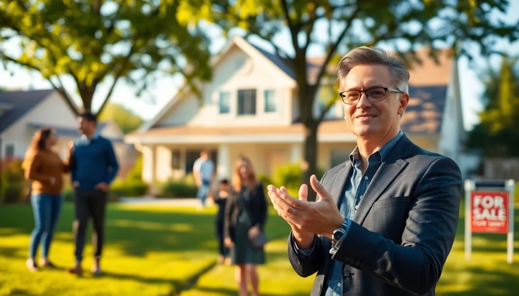 Real Estate agent presenting a charming home to interested families, creating a welcoming environment.