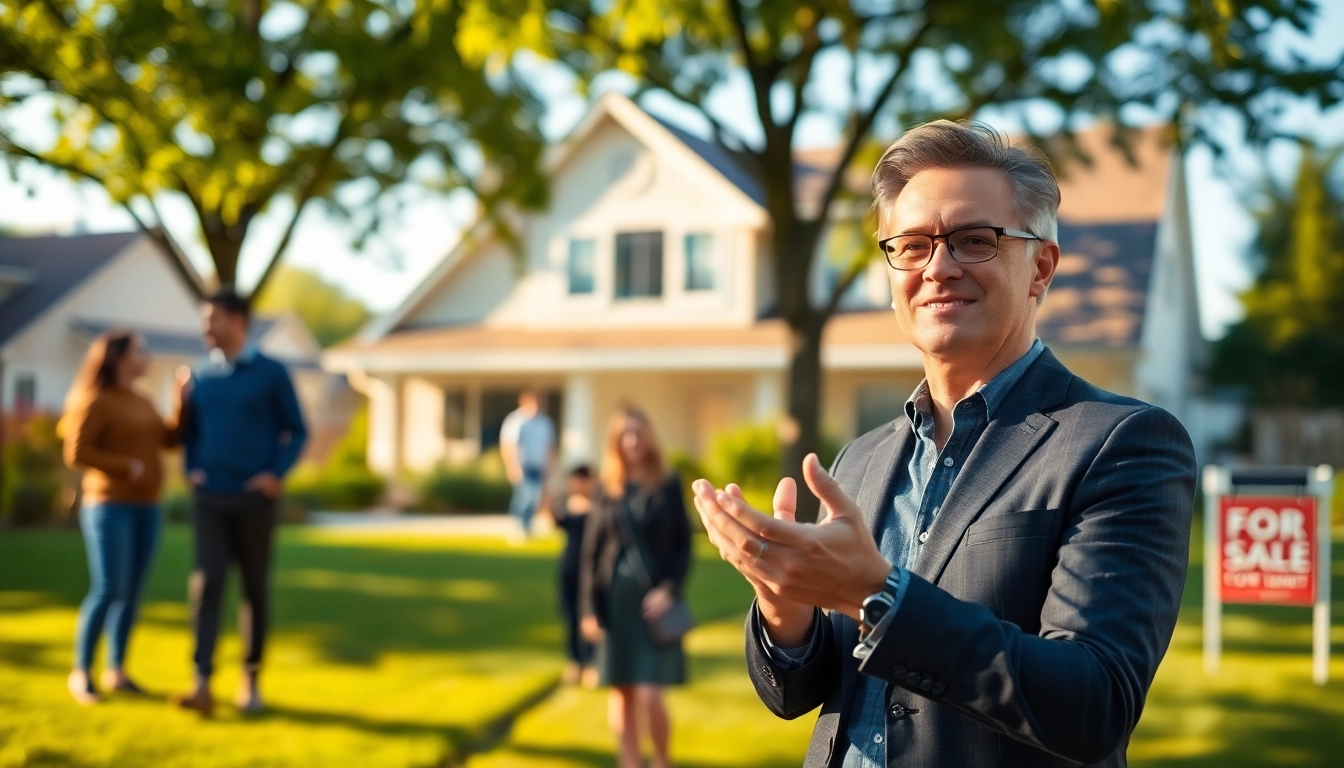 Real Estate agent presenting a charming home to interested families, creating a welcoming environment.